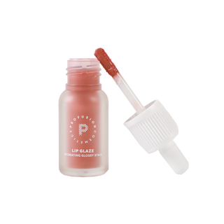 Profusion Strawberry lip glaze in an open frosted bottle with the applicator wand showing the pink-red glossy shade.
