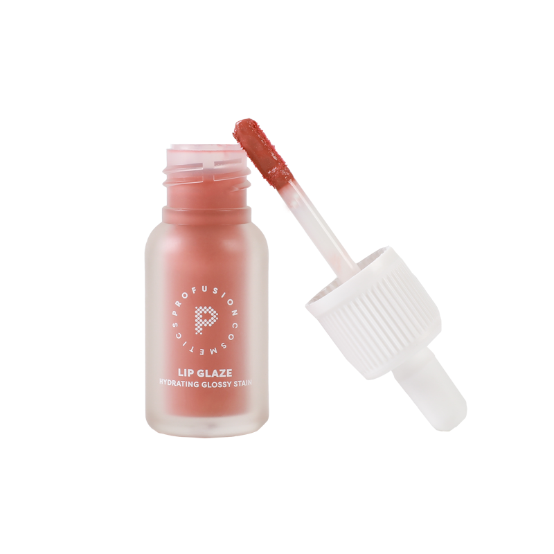 Profusion Strawberry lip glaze in an open frosted bottle with the applicator wand showing the pink-red glossy shade.
