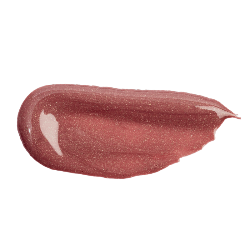 Swatch of Profusion Strawberry lip glaze in a shimmery pink-brown shade on a light background.