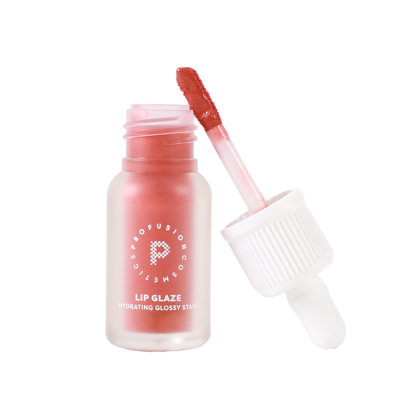 Profusion Cherry lip glaze in an open frosted bottle with the applicator wand showing the rich cherry-pink glossy shade.