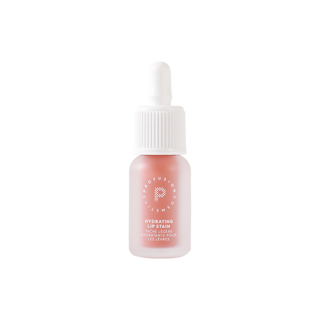 Profusion Peach Glaze hydrating lip stain in a frosted bottle with a white ribbed cap, shown against a light background.