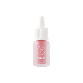 Profusion Lychee Glaze hydrating lip stain in a frosted pink bottle with a white ribbed cap, shown against a light background.