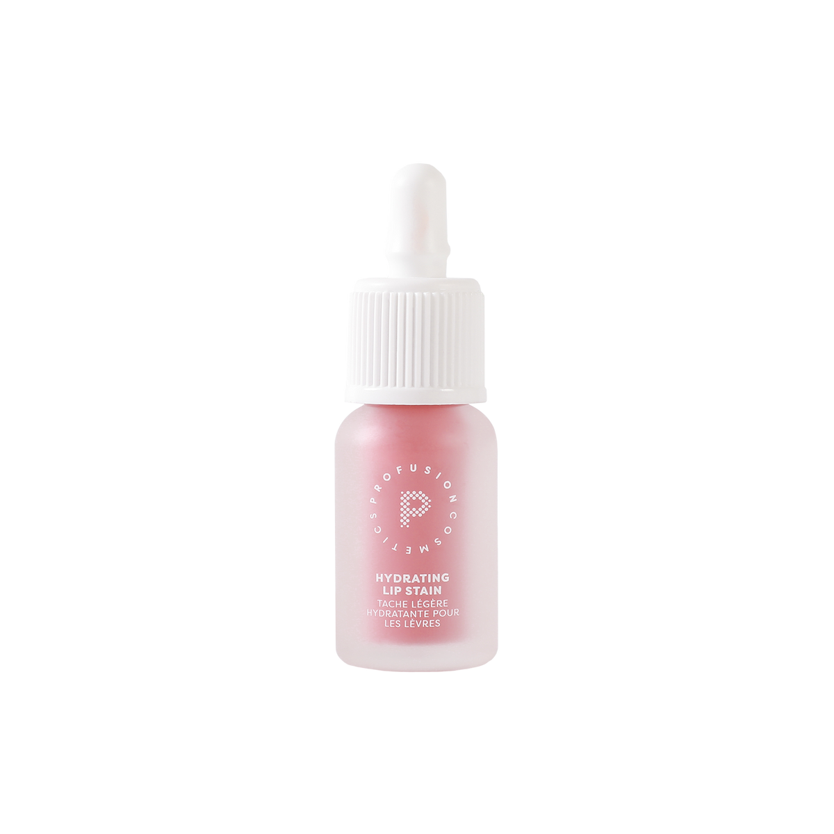 Profusion Lychee Glaze hydrating lip stain in a frosted pink bottle with a white ribbed cap, shown against a light background.