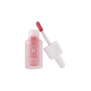 Profusion Lychee Glaze hydrating lip stain in an open frosted pink bottle with the applicator wand showing the soft rosy shade.