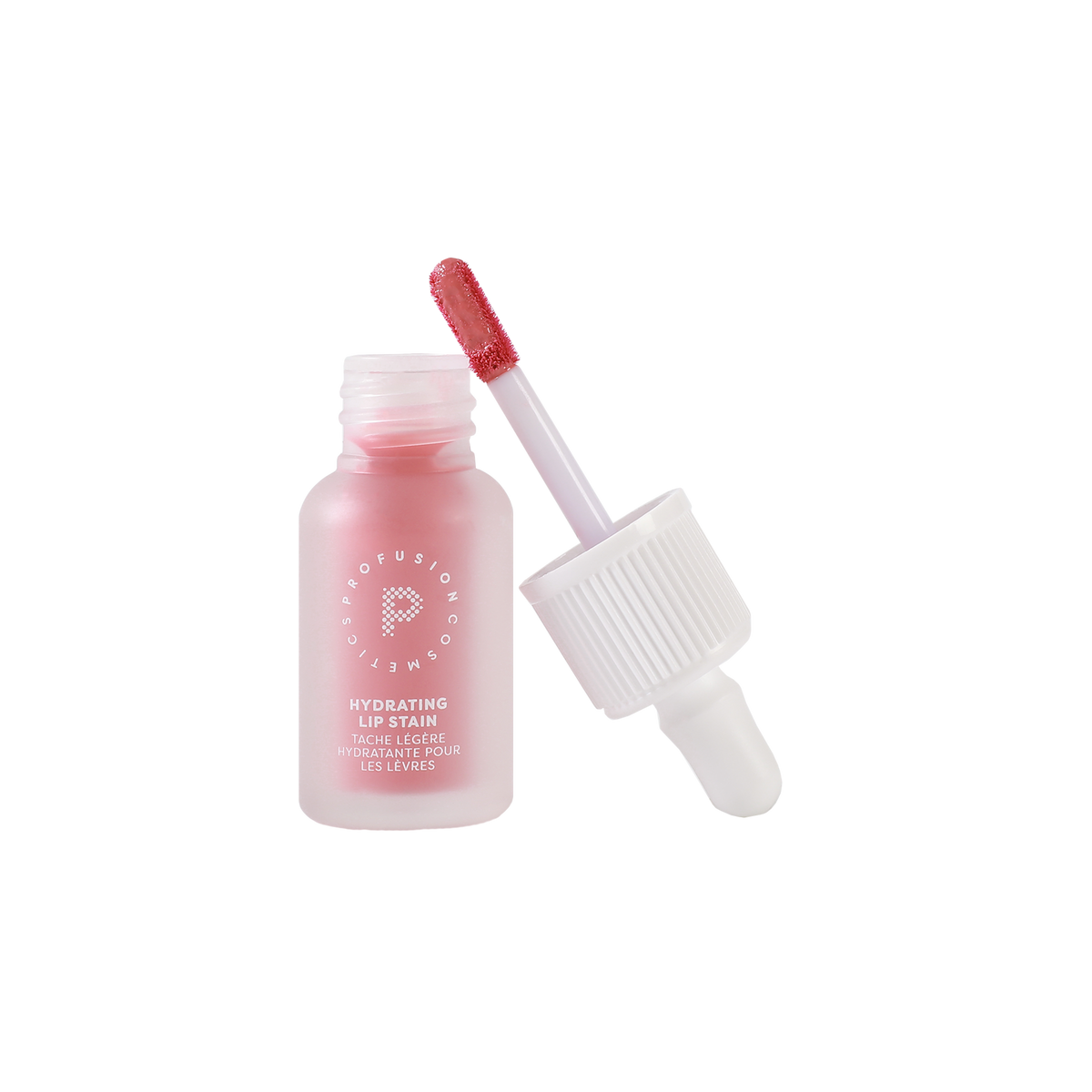 Profusion Lychee Glaze hydrating lip stain in an open frosted pink bottle with the applicator wand showing the soft rosy shade.