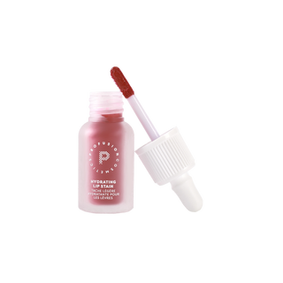 Profusion Raspberry Glaze hydrating lip stain in an open frosted pink bottle with the applicator wand showing the deep raspberry shade.
