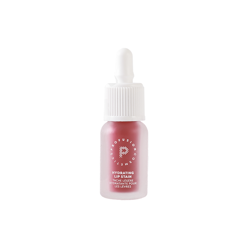 Profusion Raspberry Glaze hydrating lip stain in a frosted berry-toned bottle with a white ribbed cap, shown against a light background.
