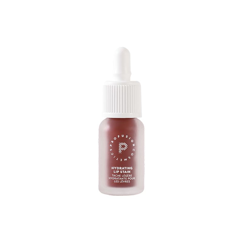 Profusion Blackberry Glaze hydrating lip stain in a frosted deep berry-brown bottle with a white ribbed cap, shown against a light background.