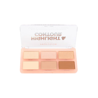 Profusion Highlight & Contour palette in a clear compact with the lid opened, featuring six neutral highlight and contour shades