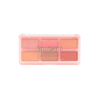 Profusion Cosmetics Blush I face blush palette shown closed, featuring six soft pink, peach, and rose blush shades in a translucent pink compact