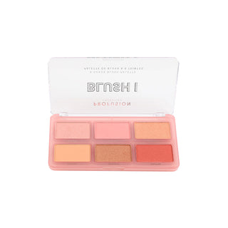 Profusion Cosmetics Blush I face blush palette shown with lid open, featuring six soft pink, peach, and rose blush shades in a translucent pink compact