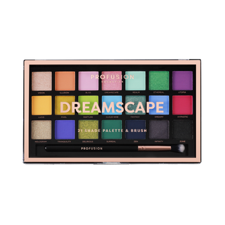 Profusion Cosmetics Dreamscape eyeshadow palette with 21 vibrant matte and shimmer shades, with an eyeshadow brush included
