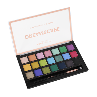 Profusion Cosmetics Dreamscape eyeshadow palette with 21 vibrant matte and shimmer shades, with an eyeshadow brush included.