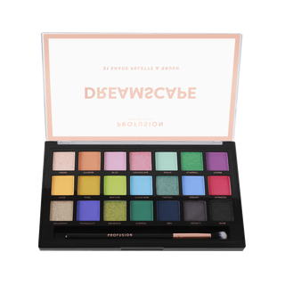Profusion Cosmetics Dreamscape eyeshadow palette open to show 21 vibrant matte and shimmer shades, with an eyeshadow brush included.