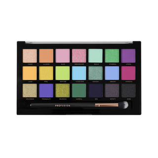 Open Profusion Cosmetics Dreamscape eyeshadow palette showing 21 vibrant matte and shimmer shades and a makeup brush.