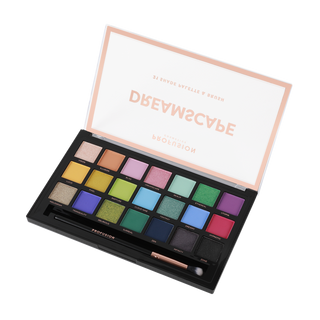 Open Profusion Cosmetics Dreamscape eyeshadow palette showing 21 vibrant matte and shimmer shades and a makeup brush