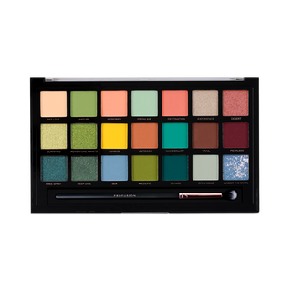 Profusion Cosmetics Adventurous 21-shade eyeshadow palette open with included eyeshadow brush