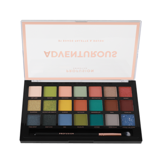 Profusion Cosmetics Adventurous 21-shade eyeshadow palette open with included eyeshadow brush