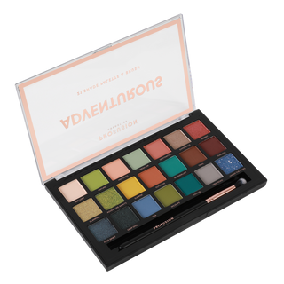 Profusion Cosmetics Adventurous 21-shade eyeshadow palette open with included eyeshadow brush