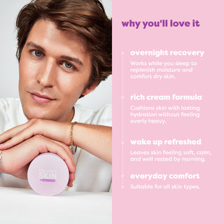 A promotional skincare graphic with a man holding a round pale pink jar labeled 'FULL YOUTH SKIN' on the left, and a pink text panel on the right reading 'why you'll love it' with bullet points about overnight recovery, rich cream formula, wake up refreshed, and everyday comfort.