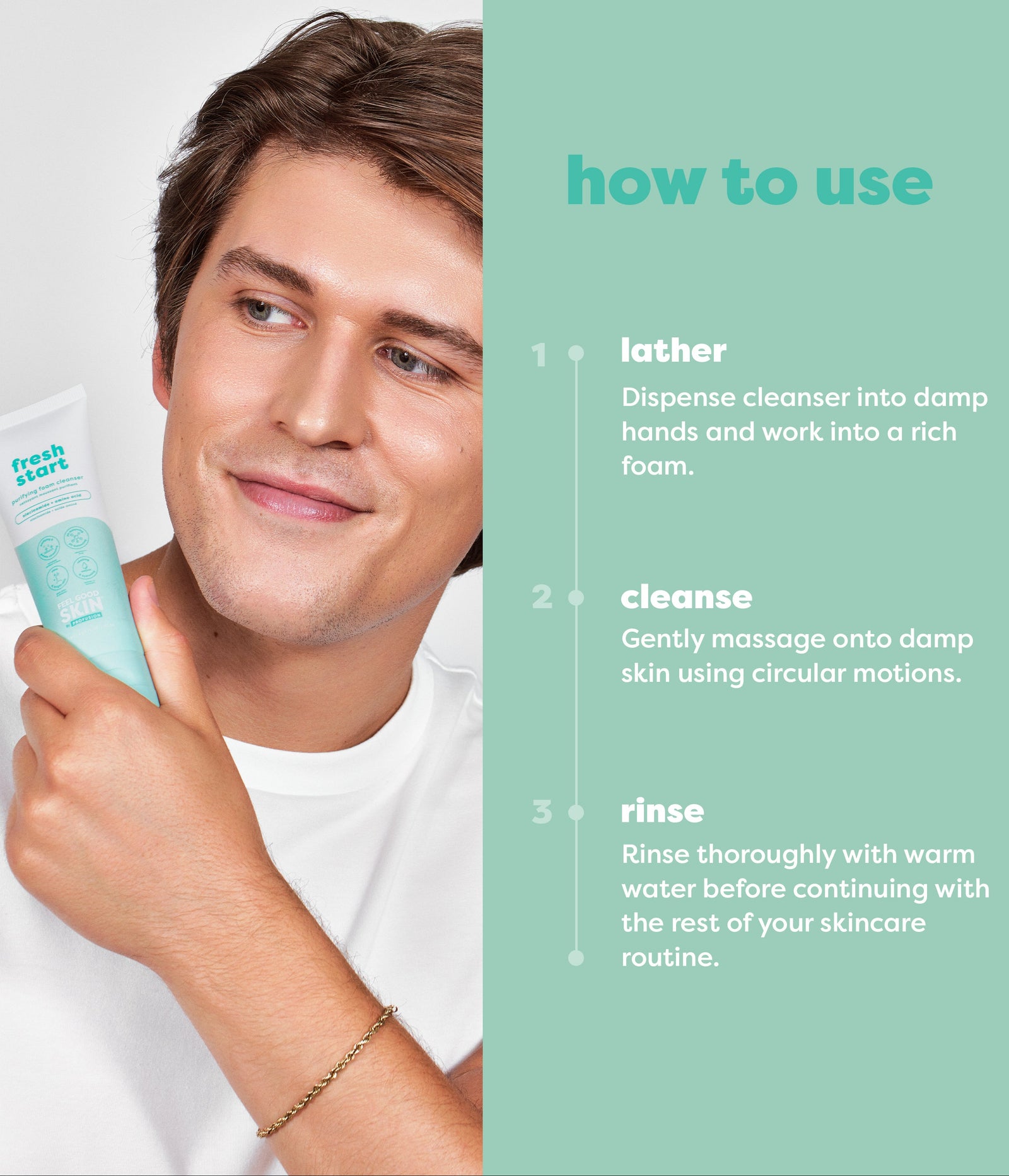 A man holds a tube of Fresh Start Cleanse against his neck while a mint-green panel on the right shows step-by-step instructions titled 'how to use'.