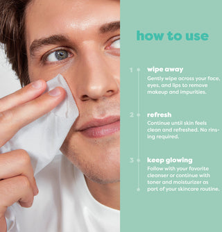 Instructional graphic showing a man wiping makeup or impurities from his face with a white cotton pad, next to a mint green panel with the text 'how to use' and three steps.