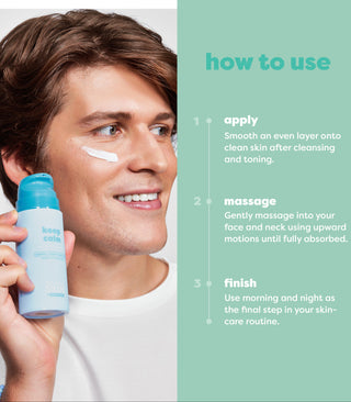 A man holding a light blue bottle labeled 'keep calm' while applying a white cream to his face, shown next to a mint green panel with 'how to use' instructions.