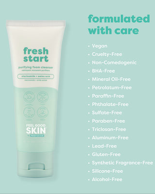 Fresh Start Purifying Cleanser tube on a light teal background with text reading 'formulated with care' and a bulleted list of ingredients/claims.