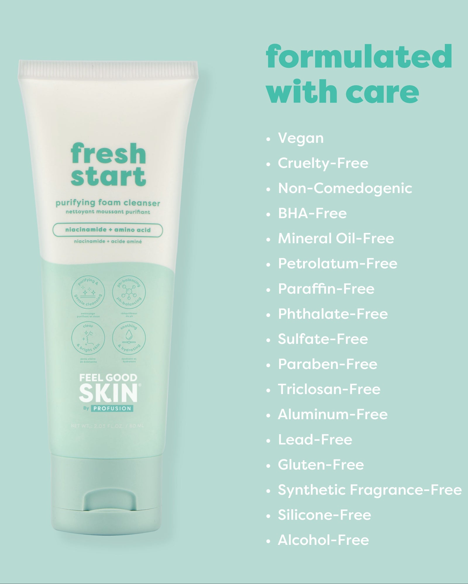 Fresh Start Purifying Cleanser tube on a light teal background with text reading 'formulated with care' and a bulleted list of ingredients/claims.