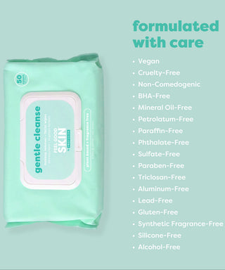 A package of gentle cleanse wipes in mint green is shown on the left, with a bulleted list of formulated-with-care benefits on the right against a matching mint green background.