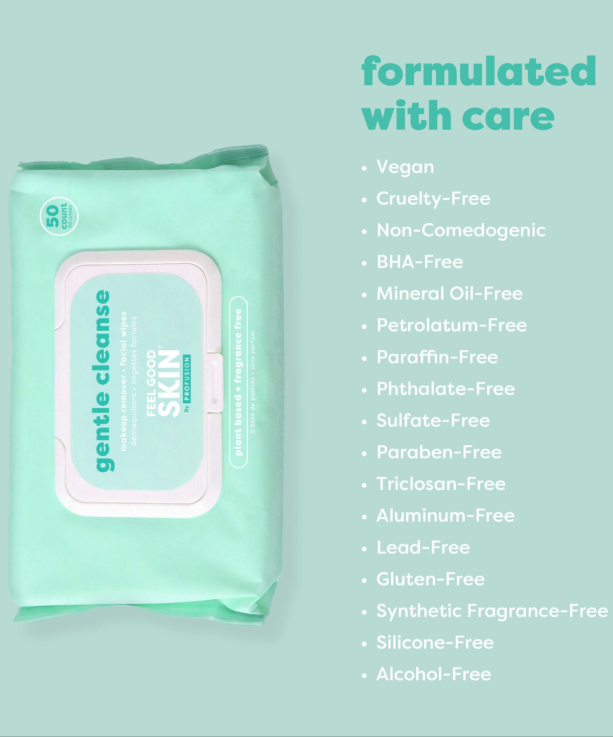 A package of gentle cleanse wipes in mint green is shown on the left, with a bulleted list of formulated-with-care benefits on the right against a matching mint green background.