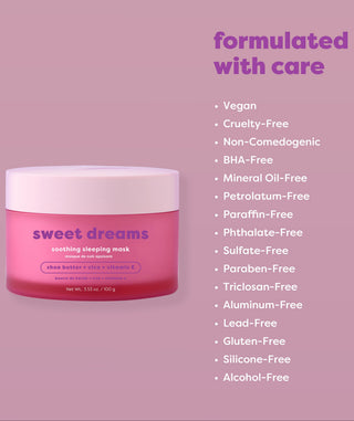 A jar of Sweet Dreams Soothing Sleeping Mask on a dusty purple background, next to a bulleted list of product benefits including Vegan, Cruelty-Free, and Non-Comedogenic.