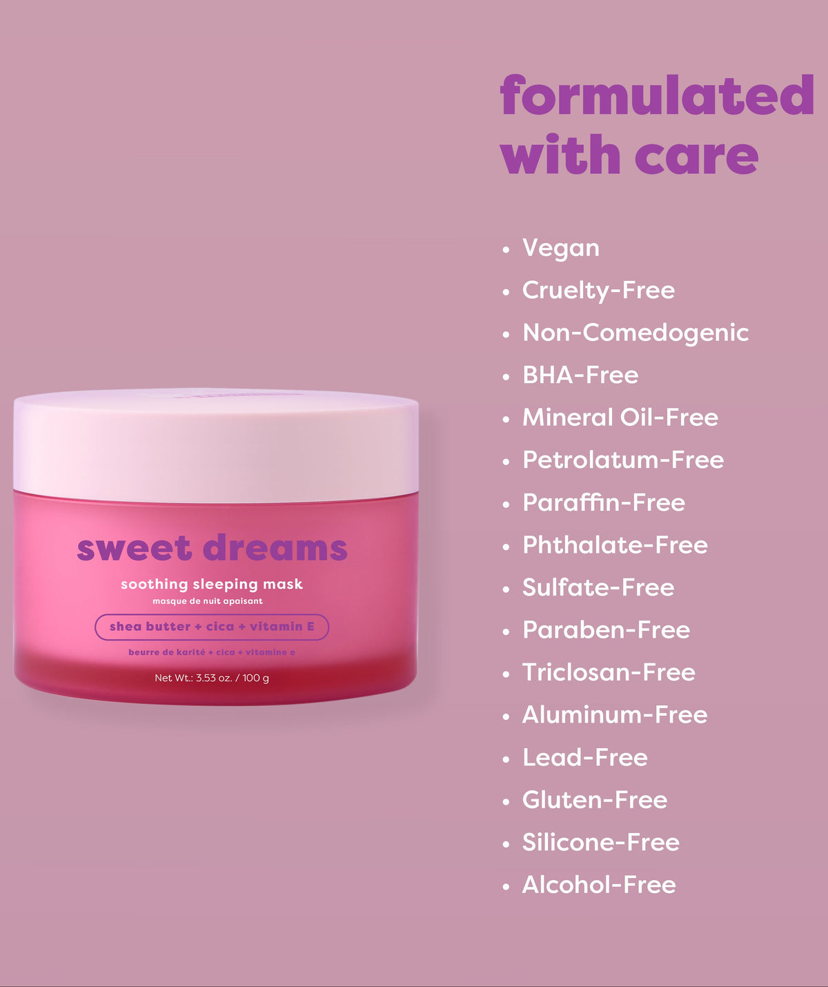 A jar of Sweet Dreams Soothing Sleeping Mask on a dusty purple background, next to a bulleted list of product benefits including Vegan, Cruelty-Free, and Non-Comedogenic.