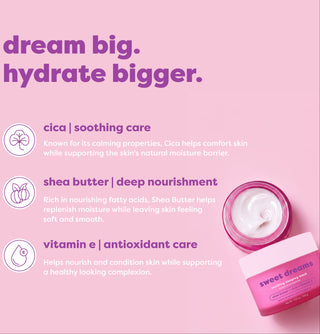 Pink promotional graphic for Sweet Dreams Cica Soothing Care and Shea Butter moisturizer, showing product jars and text on a solid pink background.