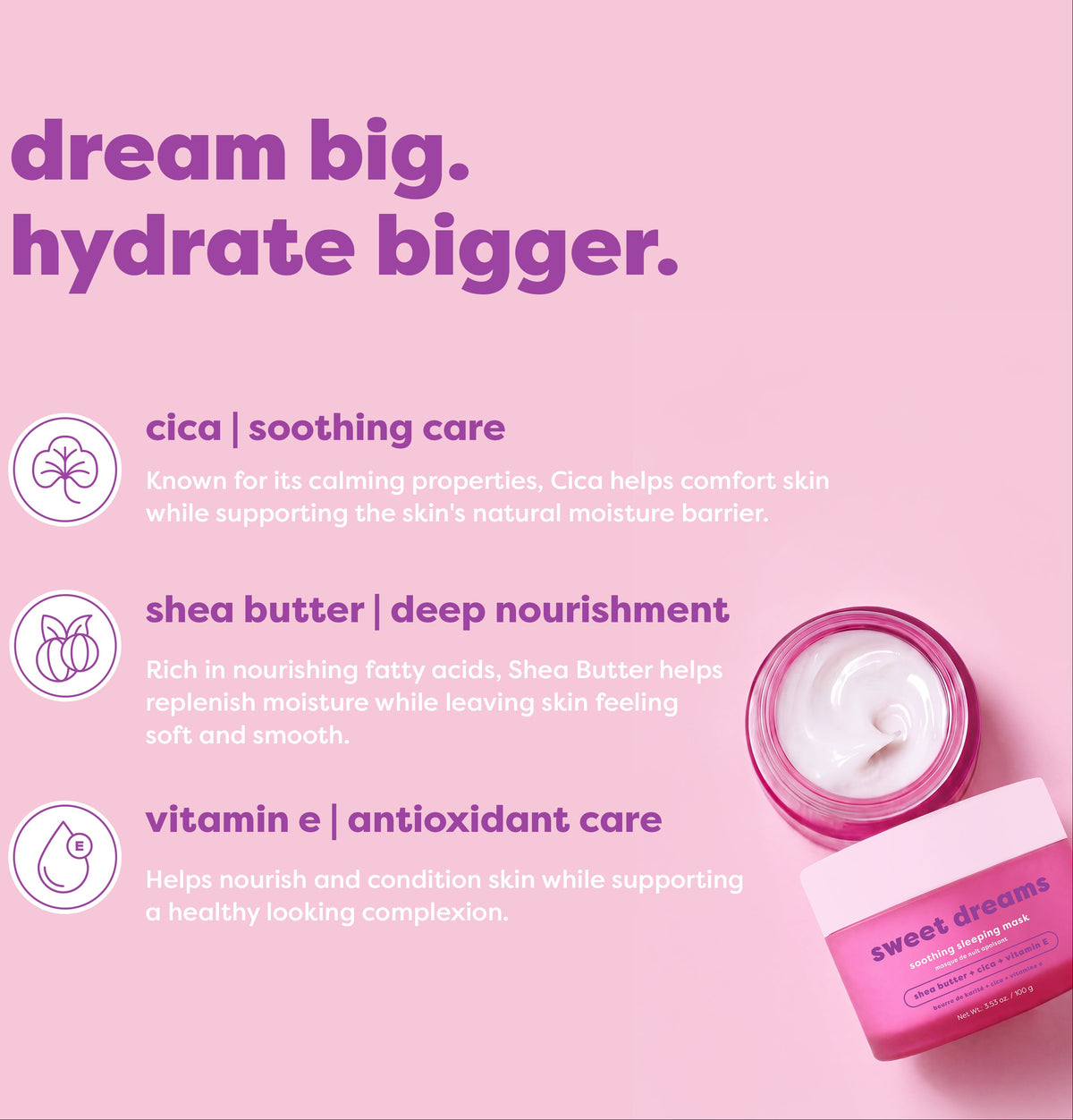 Pink promotional graphic for Sweet Dreams Cica Soothing Care and Shea Butter moisturizer, showing product jars and text on a solid pink background.