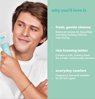 A man in a white t-shirt holds a tube of Fresh Haze Cleanse moisturizer on the left, next to a mint green text panel on the right that lists benefits like 'fresh, gentle cleanse' and 'rich foaming lather'.