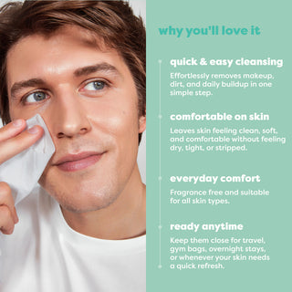 A promotional graphic with a close-up of a man wiping his face with a tissue on the left and a mint-green text panel on the right that reads 'why you'll love it' followed by four benefit points about quick easy cleansing, comfortable on skin, everyday comfort, and ready anytime.