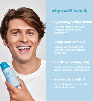 A smiling man holds a light blue skincare bottle in his hand against a split background with a light gray left side and a light blue right side containing marketing text about lightweight hydration, daily nourishment, healthy looking skin, and everyday comfort.