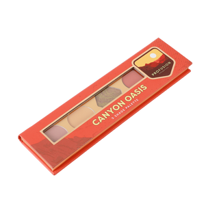 Profusion "Canyon Oasis" 5-shade eyeshadow palette with earthy tones in a sleek red case.