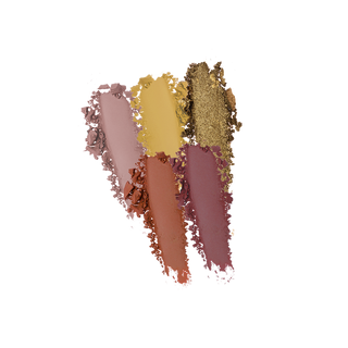 Profusion Blooming Beauty 5-Shade Palette swatch featuring mauve, mustard yellow, gold glitter, terracotta, and plum eyeshadows.