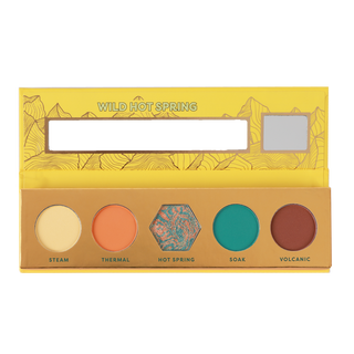 Profusion Cosmetics Wild Hot Spring 5-Shade Eyeshadow Palette featuring vibrant yellow, orange, marbled blue and orange, teal, and brown shades.