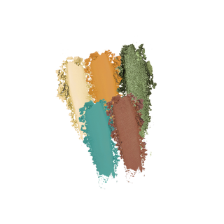 Swatches of the Profusion Cosmetics Blooming Beauty 5-Shade Palette featuring gold, orange, green, teal, and brown eyeshadows.