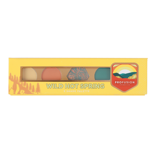 Profusion Cosmetics "Wild Hot Spring" 5-shade palette with vibrant warm oranges, marbled blue, and teal eyeshadows.