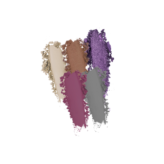 Profusion Cosmetics 5-shade eyeshadow swatches showing shades of cream, bronze, purple, mauve, and gray