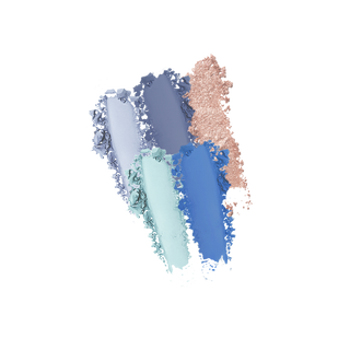 Swatches of the Profusion Blooming Beauty 5-Shade Palette featuring blue, teal, and shimmery rose gold eyeshadows.