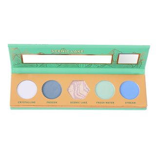 A Profusion Cosmetics Scenic Lake eyeshadow palette showcasing five cool-toned blue and green shades: Crystalline, Frozen, Scenic Lake, Fresh Water, and Stream.