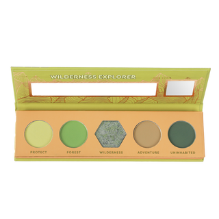 Profusion Cosmetics "Wilderness Explorer" 5-shade eyeshadow palette with earthy green and brown shades: Protect, Forest, Wilderness, Adventure, and Uninhabited.