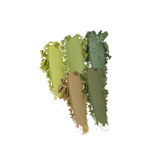 Profusion Blooming Beauty 5-Shade Palette eyeshadow swatches in shades of green and brown, featuring a mix of matte and shimmer finishes.