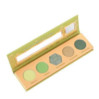 Profusion Cosmetics Wilderness Explorer 5-shade eyeshadow palette with five earthy shades: Protect, Forest, Wilderness, Adventure, and Unwinded.