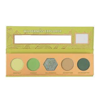 Profusion Cosmetics 'Wilderness Explorer' 5-shade palette featuring earthy tones: Protect, Forest, Wilderness, Adventure, and Uninhabited.